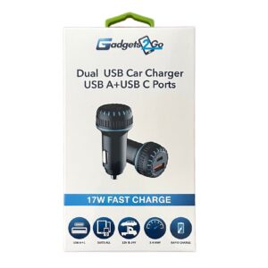 SUPER FAST 17W Car Charger with USB-A & USB-C GADGETS2GO